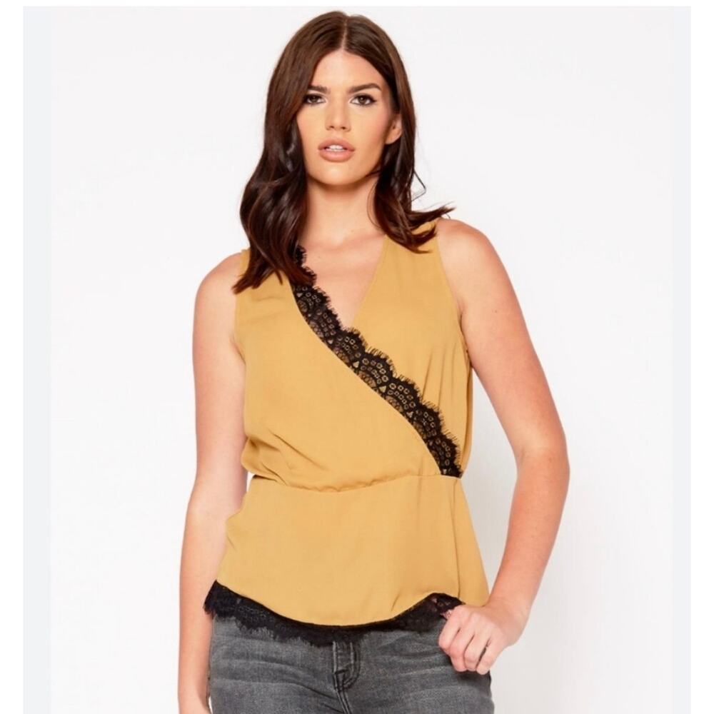 Pleione Plus Sz 2X Mustard Surplice Black Lace Peplum Blouse Sleeveless Top $58